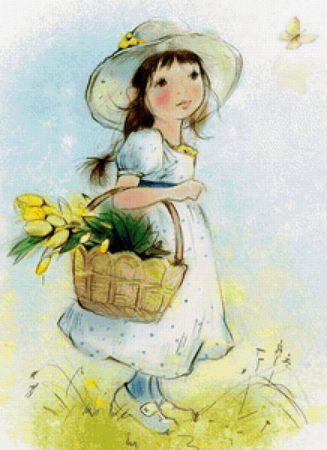 девочка с цветами - картина, цветы, дети - предпросмотр