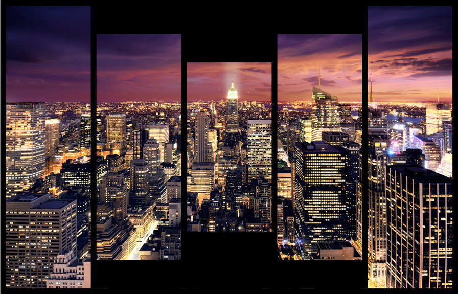 Ночной Нью-Йорк - пейзаж, модульная картина, нью-йорк, огни, город, ночь - оригинал