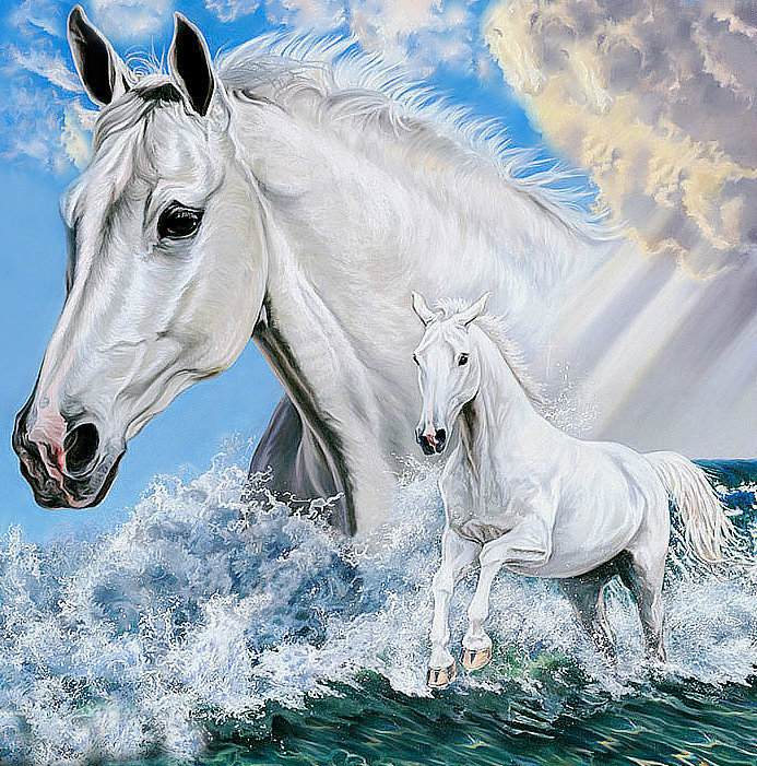 Лошади - природа, море, картина, лошади - оригинал