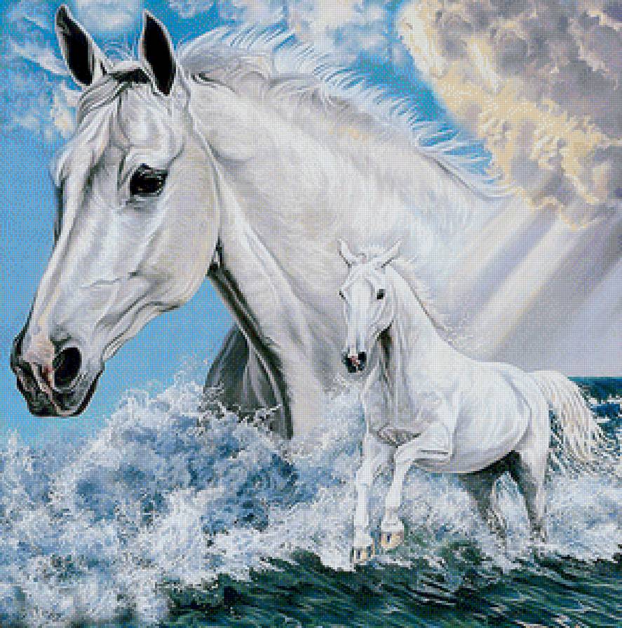 Лошади - море, природа, лошади, картина - предпросмотр
