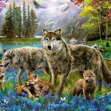 Схема вышивки «Семья волков 60 цветов»