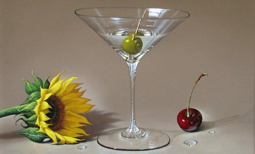 Натюрморт с оливкой - натюрморт, вино, панно, оливки, вишня, для кухни, цветок, подсолнух - оригинал