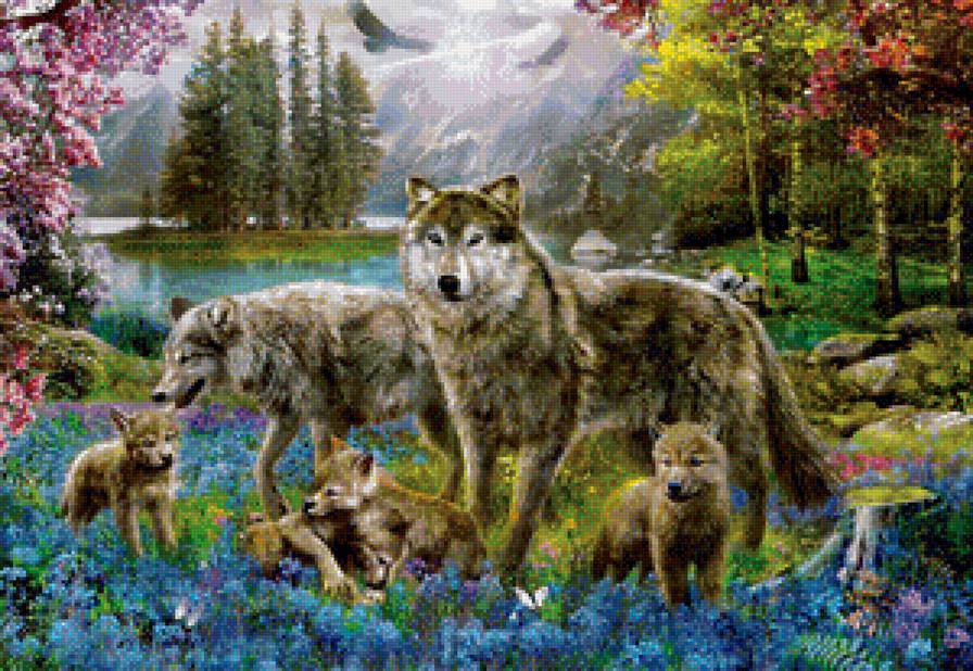 Семья волков 120 цветов - вышивка крестиком., семья волков 120 цветов - предпросмотр