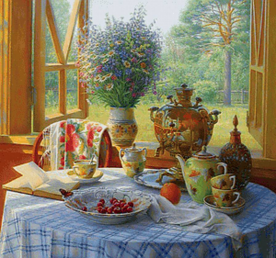 Самовар на даче - самовар, окно, букет - предпросмотр