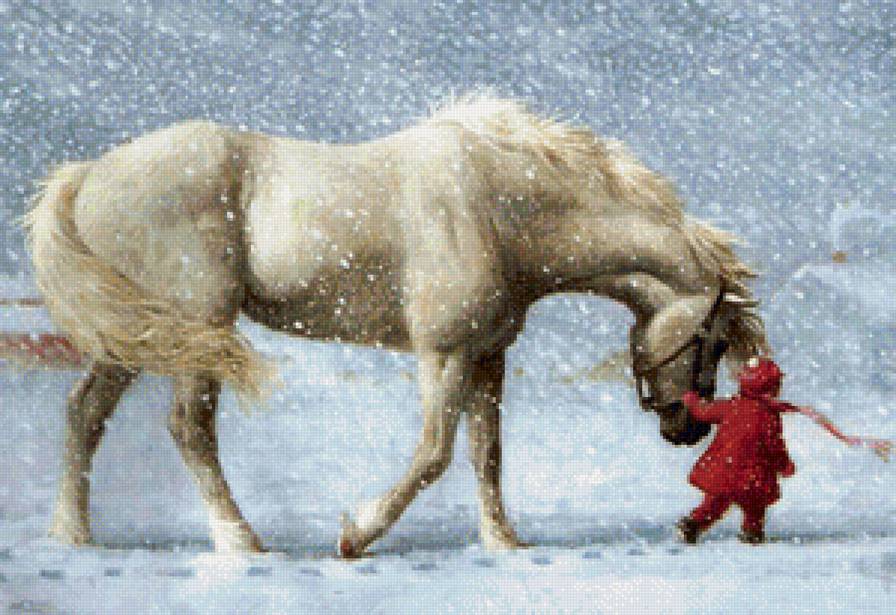 А снег идет... - зима, природа, дети, лошади, картина - предпросмотр