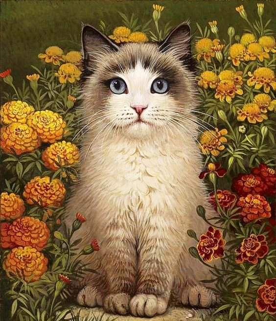 Кошка в цветах - картина, кошка, цветы - оригинал