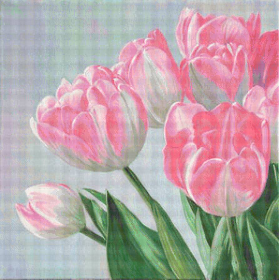Нежные тюльпаны - тюльпаны, цветы, весна, букет, подушка, панно, розовые цветы, живопись - предпросмотр
