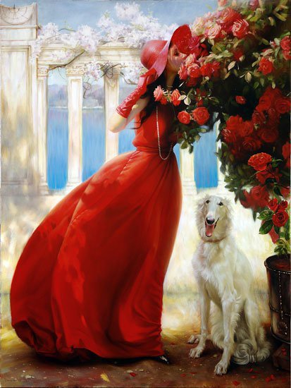 женщина в красном - собака, девушка, розы - оригинал