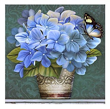 бабочки и цветы - гортензия, бабочки, голубые цветы, бабочка, синие цветы, букет - оригинал
