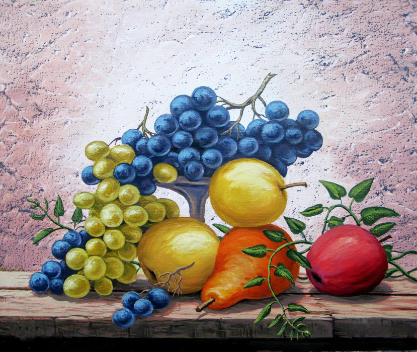 Натюрморт - яблоки, ваза с фруктами, виноград, натюрморт, для кухни, груши, фрукты - оригинал