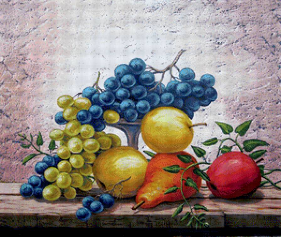 Натюрморт - груши, для кухни, яблоки, фрукты, натюрморт, виноград, ваза с фруктами - предпросмотр