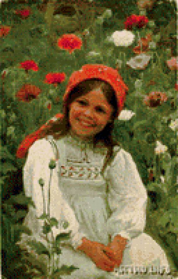 Федот Сычков. Девочка. - пионы, красивые вышивки, вышивка крестом - предпросмотр