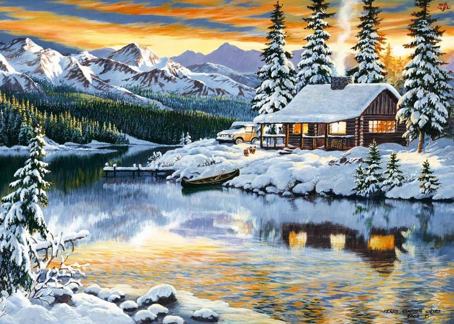 зимний домик - зима, картина, снег, дом в снегу, зимний пейзаж, живопись - оригинал