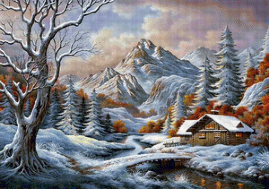 на заимке - горы, лес, осень, пейзаж, зима, дом, река, снег - предпросмотр