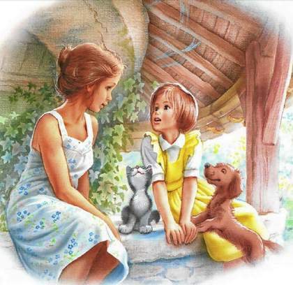 Семья - дети, природа, картина, собаки - оригинал