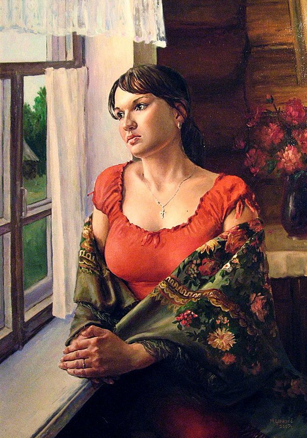 женщина у окна - женщина, щрилев, окно, платок, ожидание - оригинал