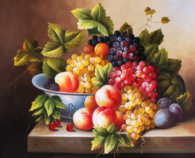 Натюрморт - фрукты, персик, виноград, на кухню, слива - оригинал