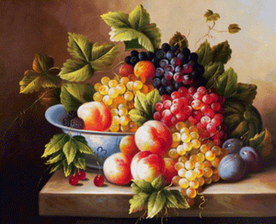 Натюрморт - фрукты, виноград, персик, слива, на кухню - предпросмотр