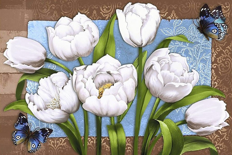 весенние цветы - белые цветы, бабочки, тюльпан, бабочка, весенние цветы, тюльпаны - оригинал