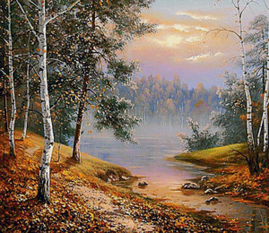Заканчивается осень - пейзаж, закат, осень, живопись, природа, река, лес - предпросмотр