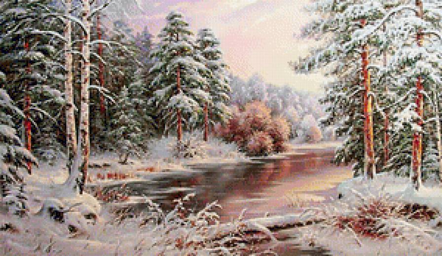 Зимнее утро - живопись, река, зима, природа, лес, пейзаж - предпросмотр