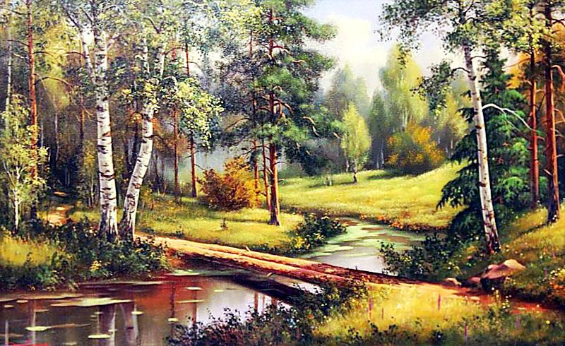 Мостик - река, мостик, живопись, осень, природа, лес, пейзаж - оригинал