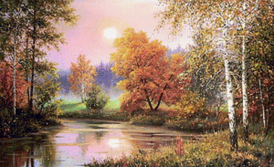 Осеннее утро - живопись, река, пейзаж, природа, лес, осень - предпросмотр