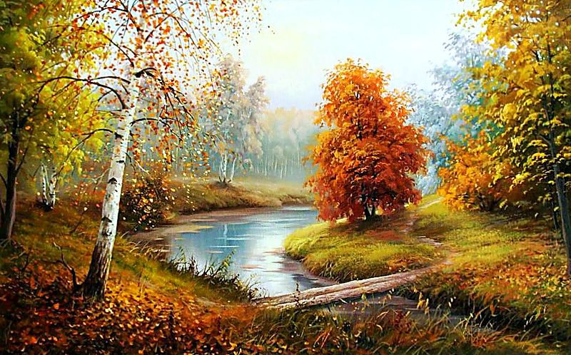Осень - лес, осень, живопись, река, природа, мостик, пейзаж - оригинал