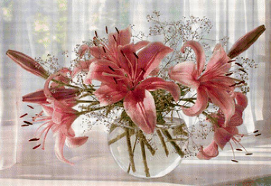 лилии1 - окно, ваза, букет, цветы - предпросмотр