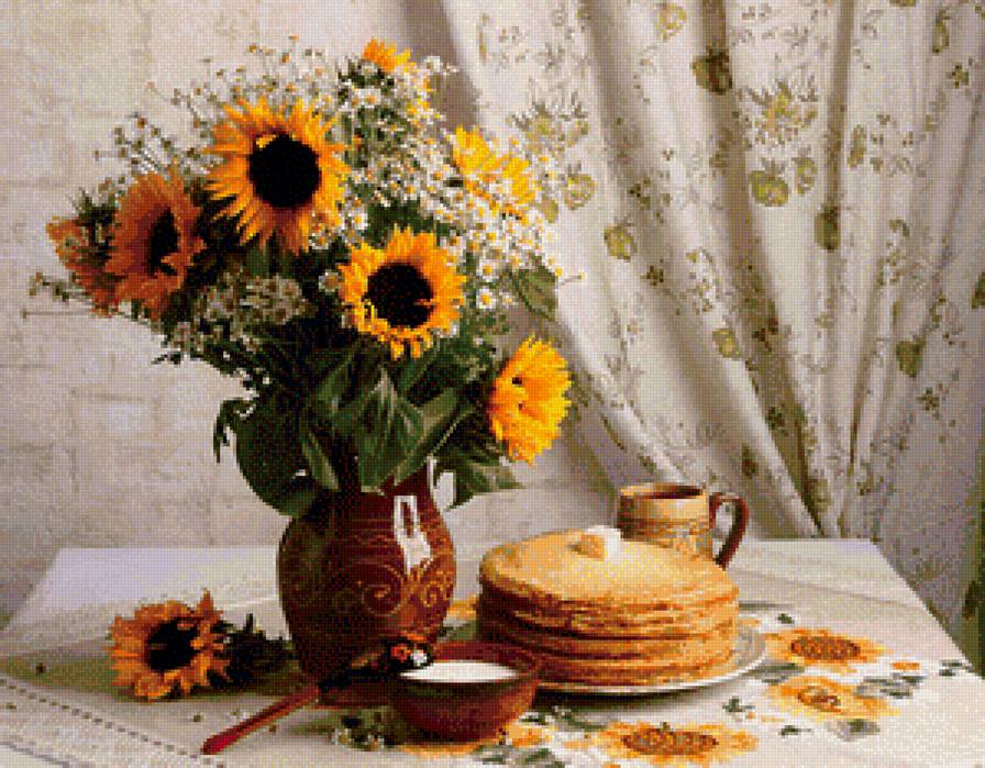 натюрморт - ромашки, натюрморт, блины, цветы, масленица, подсолнухи - предпросмотр