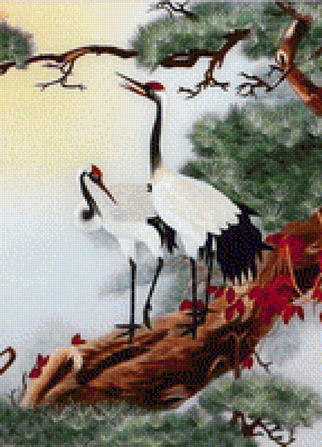 Пара журавлей на ветке сосны - фен-шуй, здоровье, журавли - предпросмотр