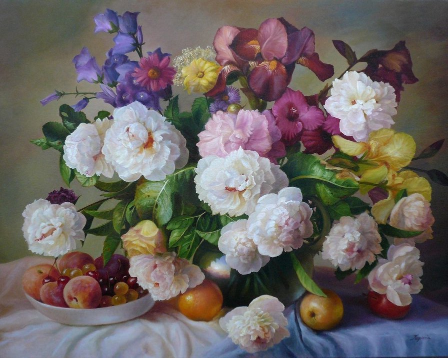 натюрморт - пионы, цветы, букет, фрукты - оригинал