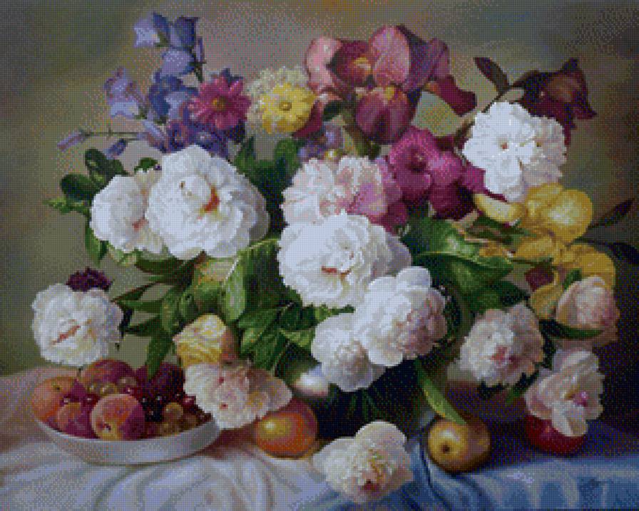 натюрморт - цветы, фрукты, пионы, букет - предпросмотр