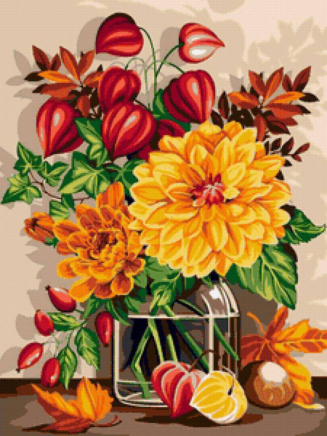 осенний букет - физалис, желтые цветы, георгины, натюрморт, георгин, букет - предпросмотр