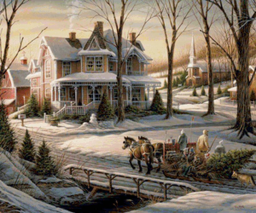 зимняя зарисовка - домик, мост, пейзаж, лошади, зима, природа - предпросмотр