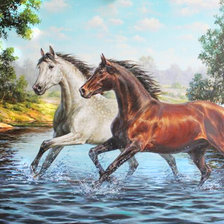 Оригинал схемы вышивки «Лошади, бегущие по воде» (№1207194)