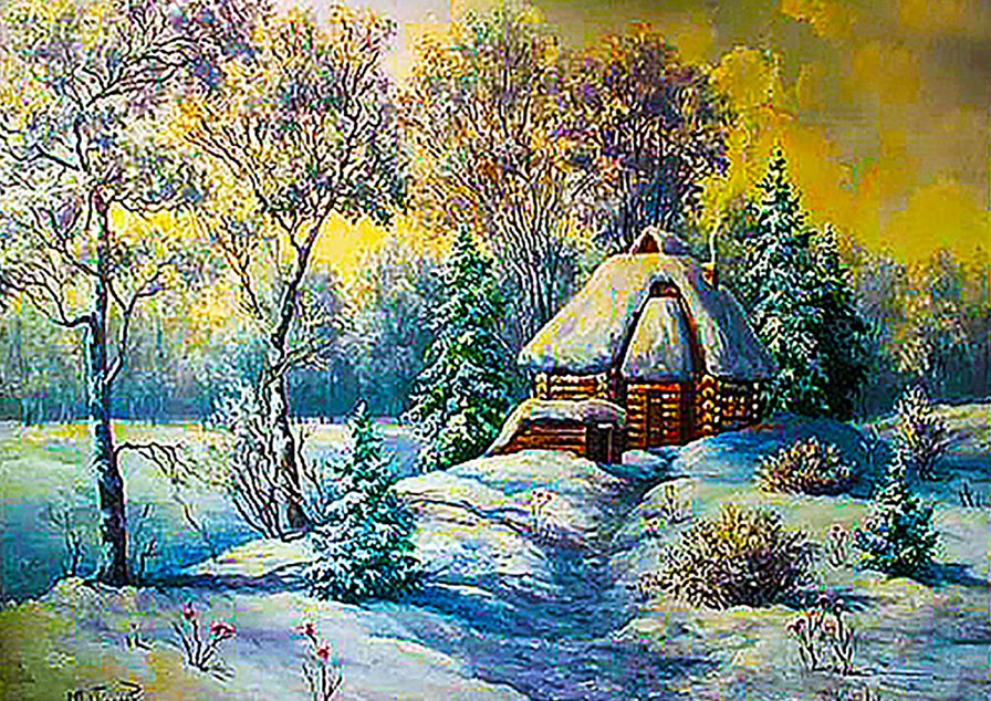 зимний домик в лесу - пейзаж, природа, зимний лес, дом, зима, снег - оригинал
