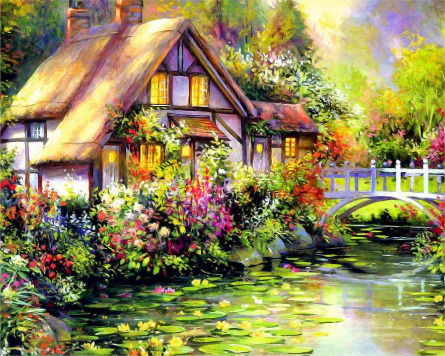 летний домик - природа, лето, картина, пейзаж, весна, лес, живопись, дом - оригинал