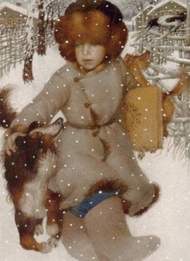 В школу - собаки, зима, дети, картина - предпросмотр