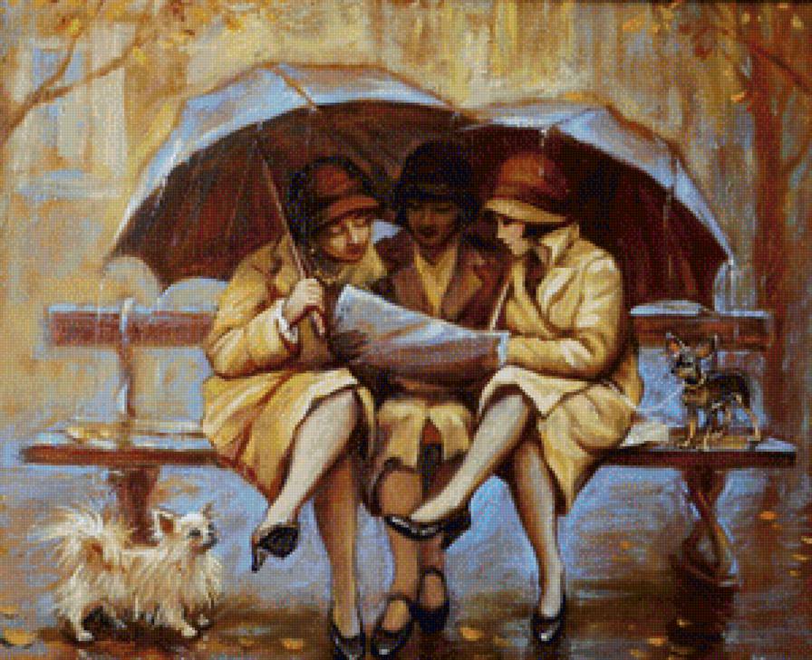 Под дождем - люди, картина, собаки - предпросмотр