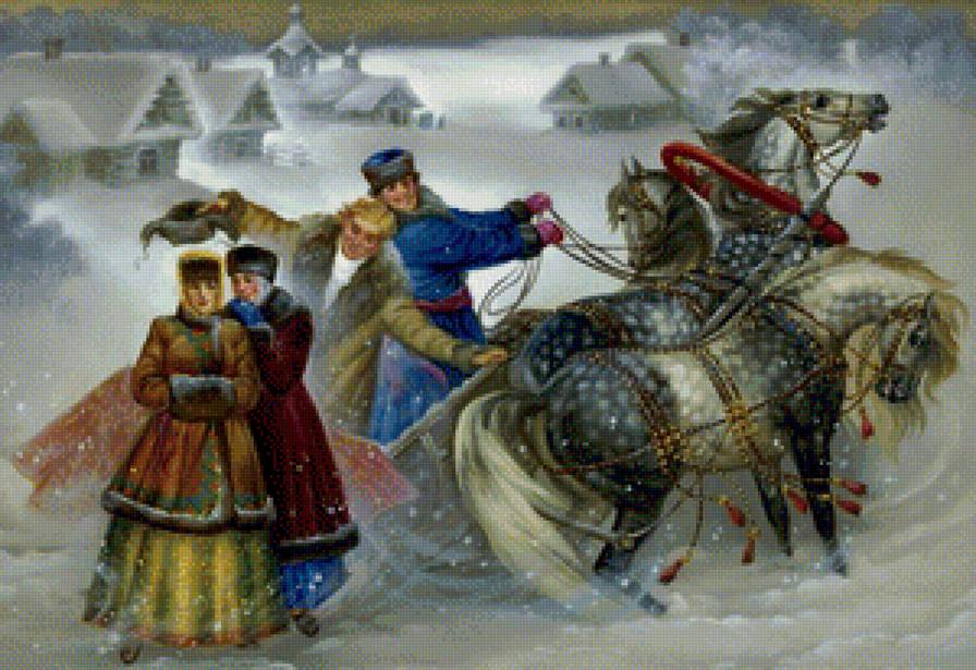 Зимние забавы - картина, зима, люди - предпросмотр