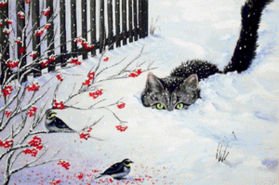 Хищник в засаде - кошки, зима, зимний пейзаж, птицы, снег, охота, рябина, взгляд, животные - предпросмотр