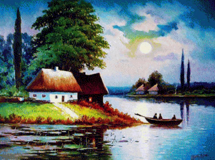 в закатных лучах - лодка, пейзаж, река, деревня - предпросмотр