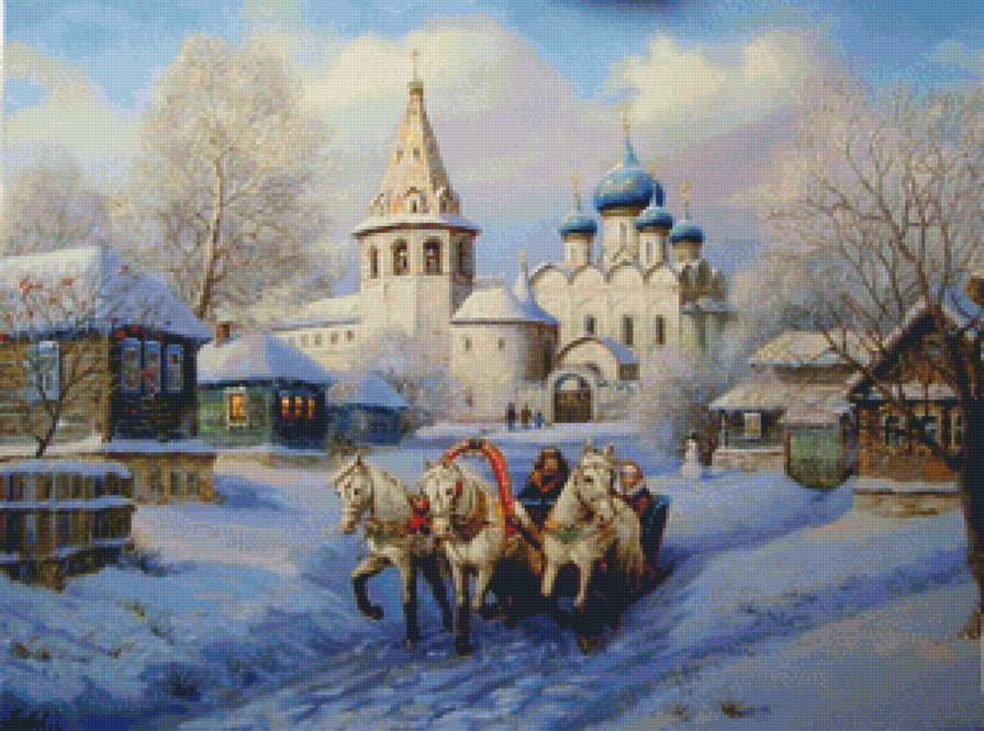 Зимний пейзаж с храмом - пейзаж, картина, зима, храм - предпросмотр