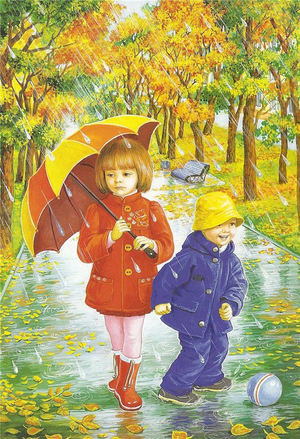 Прогулка под дождем - осень, дети, картина - оригинал
