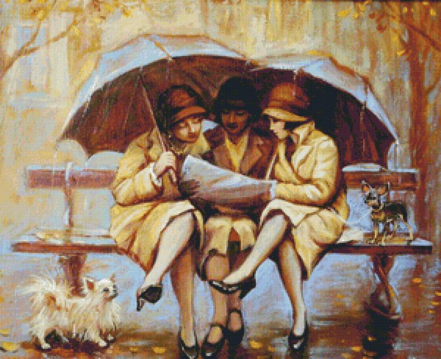 Под дождем - собаки, картина, осень, люди - предпросмотр