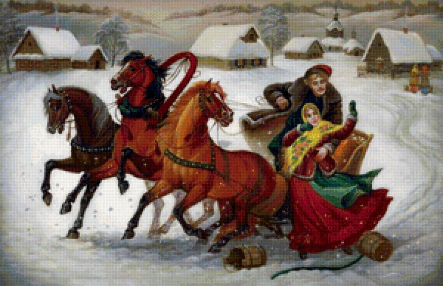 Зимние забавы - люди, пейзаж, лошади, картина - предпросмотр