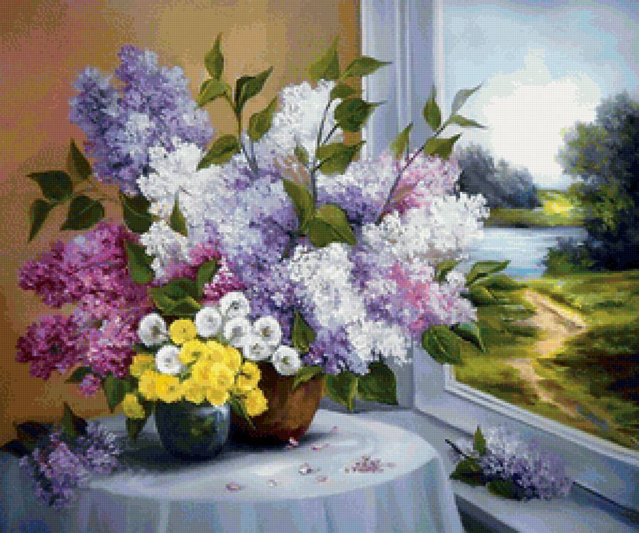 Сирень и одуванчики у окна - натюрморт, букет, летний пейзаж, сирень, одуванчики, цветы, окно - предпросмотр