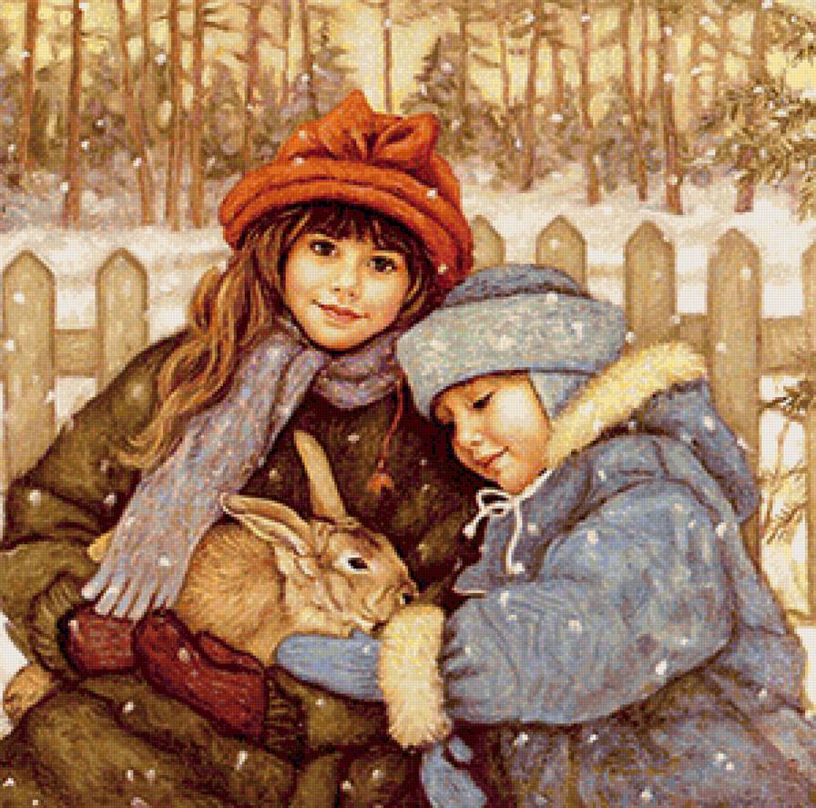 Детки - зимний пейзаж, дети, зима, ребенок, снег, живопись, заяц, лес, сосны - предпросмотр