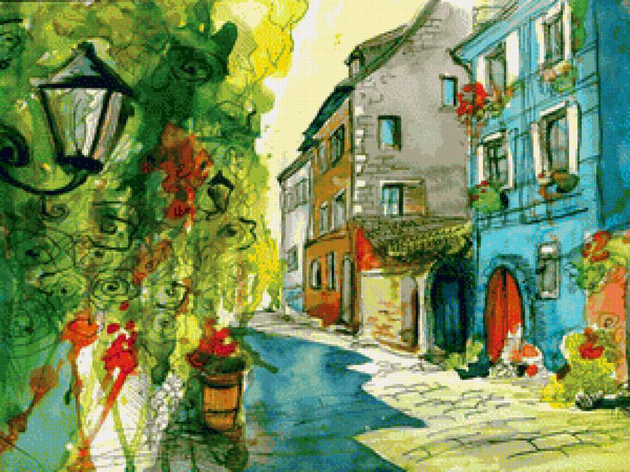 акварельная улица - город, акварель, улица, дома - предпросмотр